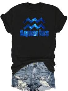 Camiseta con diseño del signo zodiacal Acuario, unisex, de verano, casual, transpirable, de cuello redondo, de manga corta, ropa de calle, versátil, adecuada para adolescentes y adultos - Negro - Ver 1