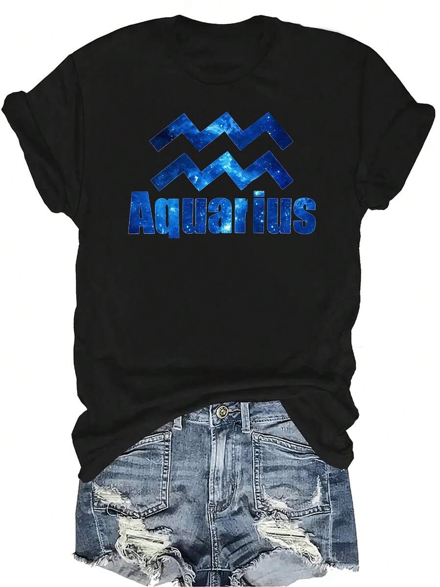 Camiseta con diseño del signo zodiacal Acuario, unisex, de verano, casual, transpirable, de cuello redondo, de manga corta, ropa de calle, versátil, adecuada para adolescentes y adultos - Negro - Ver 1