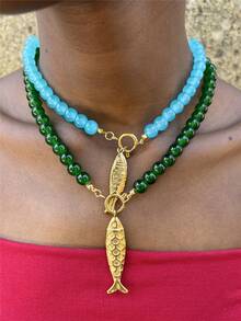 不锈钢鱼形吊坠项链，蓝绿色串珠度假风格项链 - 串珠項鍊 - 查看 2