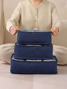 3 件套旅行袋，大容量衣物收纳袋，行李收纳袋 - 藍色 - 查看 2