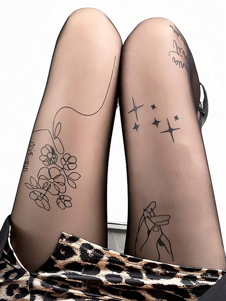 1pc Women's High Quality Faux Tattoo Unique Pattern Leggings, Patterned Tights, Transparent Thigh High Socks - Black - View 1