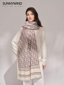 1条休闲百搭柔软字母图案围巾，秋冬季搭配连衣裙 - 灰色 - 查看 11