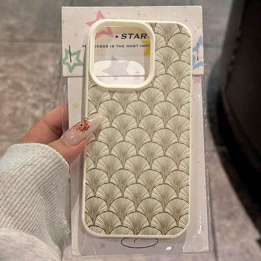 1 pieza Funda de teléfono con material TPU, diseño minimalista retro de hoja de ginkgo y patrón geométrico, compatible con iPhone/teléfonos - Blanco - Ver 1