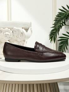 秋冬新款复古法式简约休闲一脚蹬乐福鞋，百搭纯色拼接休闲户外女鞋，适合所有季节 - 咖啡棕 - 查看 4