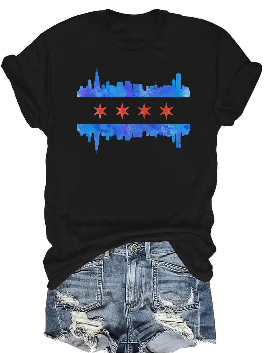 Camiseta con estampado de la bandera de Chicago, unisex, de verano, casual, transpirable, con personalidad, cuello redondo, manga corta, ropa de calle, versátil, adecuada para adolescentes y adultos - Negro - Ver 1
