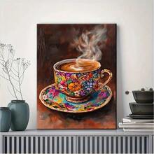 Taza de café Floral colorida, impresión artística con marco de madera, pintura al óleo vibrante sobre lienzo para decoración de salón, dormitorio o cocina - Multicolor - Ver 2