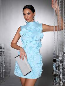 New Elegant Women 3D Floral Decor Long Sleeve Bowknot Fitted Mini Dress, Suitable For Valentine's Day, Bridesmaid, Formal Evening Party