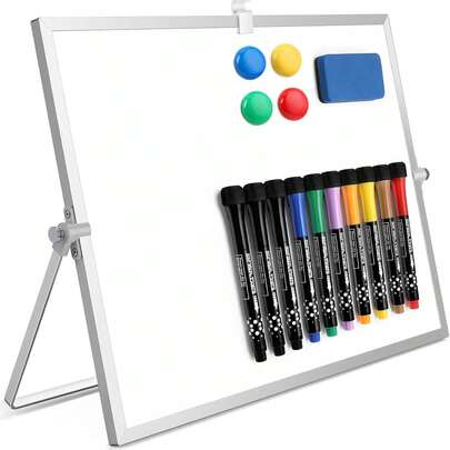 Dry Erase White Board, 16"X12" Double-Sided Magnetic Whiteboard With 10 Markers, 4 Magnets, 1 Eraser, Small White Board With Stand, White Board Easel For Kids Drawing Memo To Do List Wall School