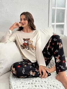 卡通印花长袖上衣和裤子睡衣套装，女士秋冬服装 - 白色 - 查看 4