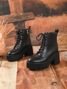 Fall/Winter 2025 Women's Minimalist Front Tie Side Zipper Waterproof Platform Chunky Heel Black Fashion Boots - Black - View 7