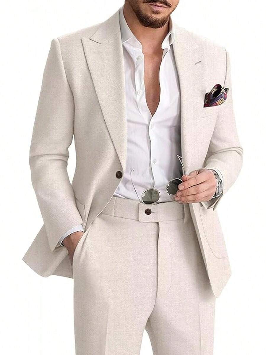 Mens Linen 2 Piece Casual Suit Summer Beach, Wedding - Pants Set, Summer Wear - Beige - 查看 1
