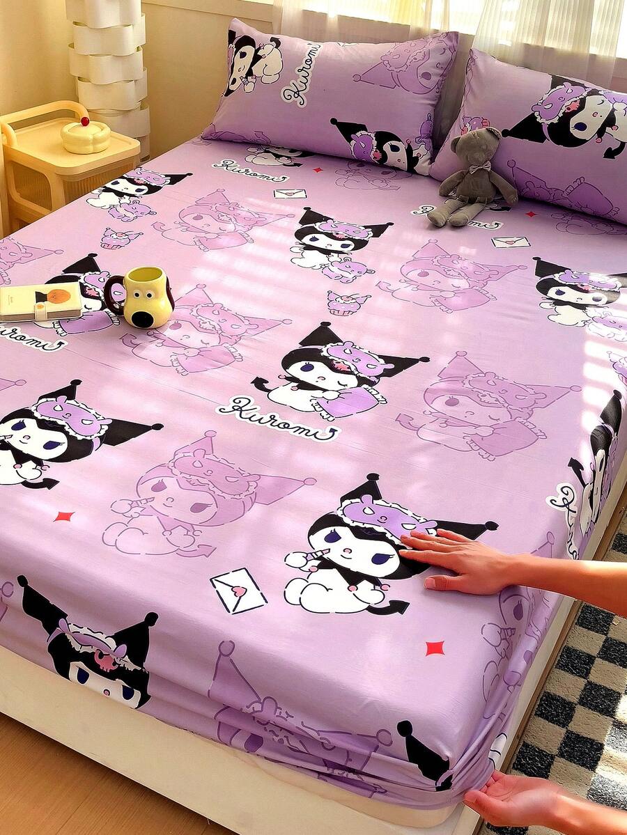 Sanrio 1 件可爱卡通印花床笠、// 床上用品、床垫保护套、床罩、床笠、舒适家纺、透气抗起球床垫保护套、家居装饰、适合所有床尺寸 - 单人床、双人床、大号床、特大号床、适合所有季节、防尘床罩、可机洗 - 紫色 - 查看 1