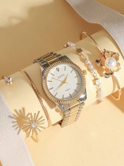 5 件套畅销女士水钻表盘休闲石英表 + 珍珠花手链，夏季毕业礼物，节日礼物，无礼盒