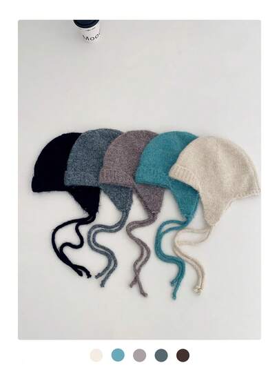 1 件纯色针织耳罩式捕手帽，可爱系带针织飞行员帽，女士温暖针织帽，秋冬