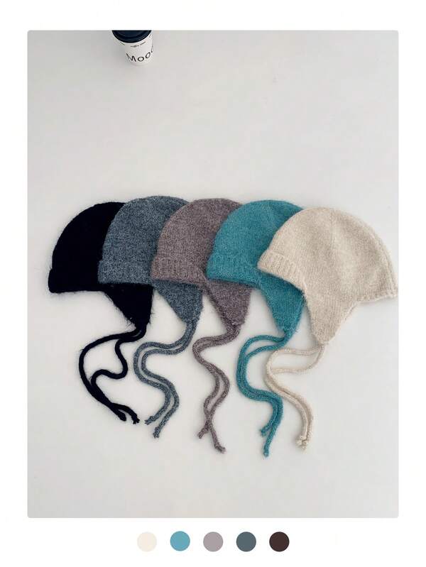 1 件纯色针织耳罩式捕手帽，可爱系带针织飞行员帽，女士温暖针织帽，秋冬