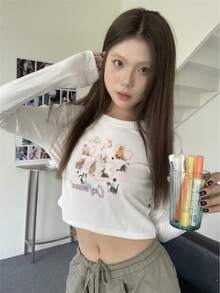 女式休闲卡通猫咪印花修身短款长袖T恤，百搭，棉质，春秋季 - 白色 - 查看 10