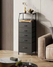 Tall Night Stand With 5 Fabric Drawers, Bedroom Nightstand With 5 Drawers & 2 Open Shelves, Fabric Dresser Organizer, Sturdy Steel Frame Bedside Table - màu đen - Xem 2