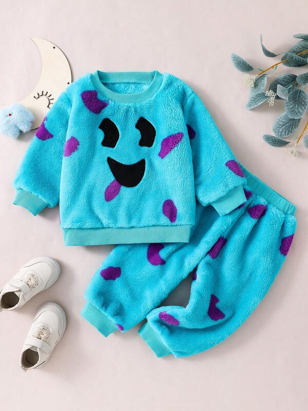 2pcs Tween Boy Cute Plush Sweatshirt + Pants Set, Soft & Skin-Friendly For Daily Wear, Autumn/Winter