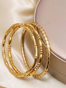 3条/1条 18K镀金不锈钢竹节结手链，女士，适合日常佩戴、派对、活动和送礼 - 金色 - 查看 9