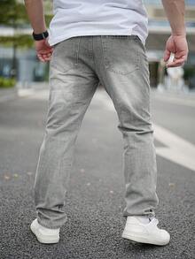 Men's Outdoor Casual Straight Leg Distressed Blue Jeans, Autumn/Winter - Grey - View 4