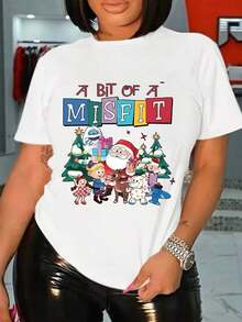 Women's Christmas MISFIT Graphic T-Shirt - Santa & Reindeer Print Short Sleeve Crewneck Top,Machine Washable Casual Summer Spring Tee, Christmas Tshirt, Festive Seasonal Clothing, Comfortable Fit Shirt,Women's Plus Size T-Shirts100% Heavy Cotton Hoodie - trắng - Xem 1