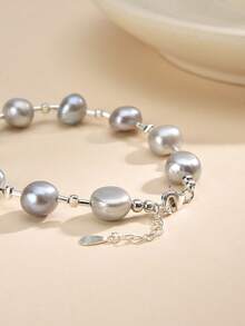 1条925纯银天然珍珠手链，适合婚礼、订婚、新娘、母亲节、情人节、生日礼物 - 灰色 - 查看 3