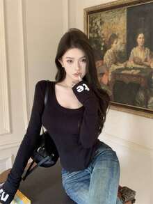 女士秋季圆领长袖修身字母印花T恤休闲黑色春季 - 黑色 - 查看 4