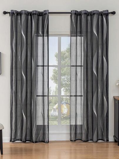 2pcs Modern Silver Tassel Pattern Sheer Curtains, With Metal Rings Top, Machine Washable, Decorative Polyester Curtains Suitable For Living Room, All Seasons, Cordless, Woven, 120-140g - Luxury Style Curtains