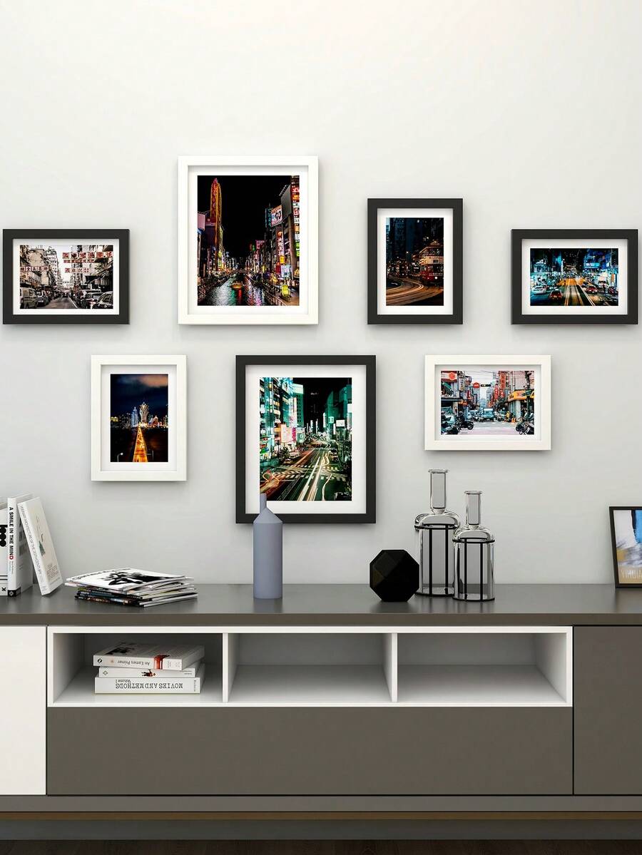 7pcs Minimalist Art Photo Frame Set, Photo Wall Collage For Living Room & Hallway, Comes With Prints, No Drilling Required, Great Gift - Multicolor - View 1