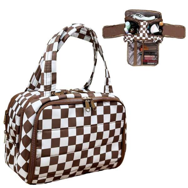 Checkered Toiletry Bag For Women,Large Capacity Waterproof Makeup Bag,Multi-Partitions Plaid Cosmetic Organizer,Wide-Open Travel Handbag