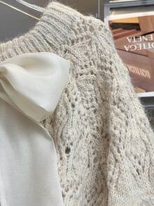 JIANHU 甜美蝴蝶结镂空套头衫女士毛衣 - 新杏色 - 查看 6