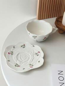 1 Set European Style Rose Ceramic Coffee Cup & Saucer, Asymmetrical Embossed Tea Cup Set, Petal Coffee Cup, Cup And Saucer, Home Breakfast Coffee Cup, Milk Cup, Juice Cup, Suitable For Afternoon Tea, Home, Elegant Latte Cup And Dessert Plate - Multicolor - View 12