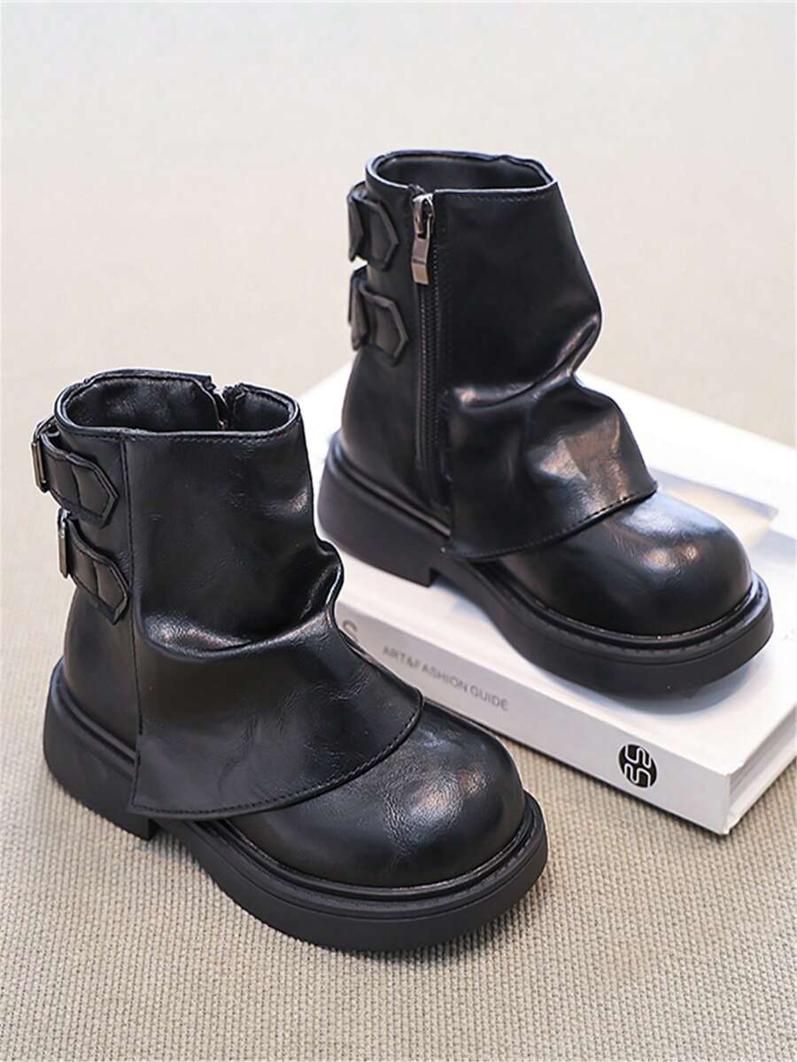 Children's Boots, 2025 Autumn New Outdoor Ankle Boots Mid-Calf Boots, Girls Metal Buckle Work Boots, Anti-Slip - Black - View 1