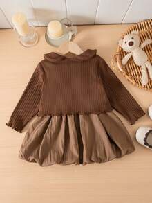 2pcs Baby Girls' Brown Collar Bow Decor Sleeveless Vest & Bubble Skirt Dress Set With Matching Long Sleeve Bear Jacket, Toddler Autumn Outfit - Coffee Brown - View 2