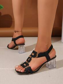 Futuristic Architecture Style Geometric Buckle Thick Heel Platform Black & White High Heel Sandals, Suitable For Parties, Prom, Nightclub Wear - Black - View 8