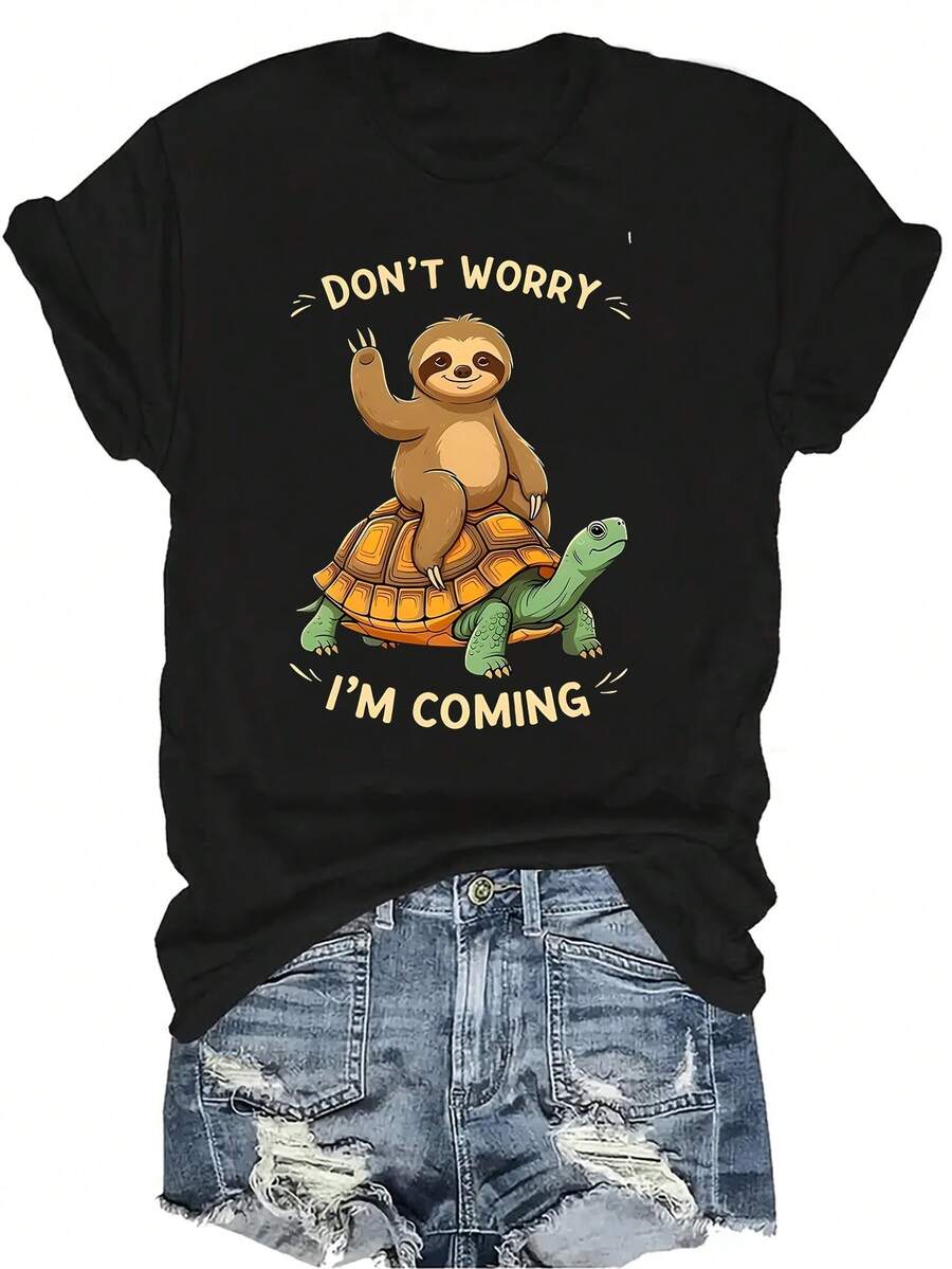 No te preocupes, estoy aquí para los perezosos. Camiseta para amantes de los perezosos con diseño lindo de perezosos. Camiseta unisex de verano, casual, transpirable y de personalidad con cuello redondo y manga corta. Ropa de calle versátil, adecuada para adolescentes y adultos. - Negro - Ver 1