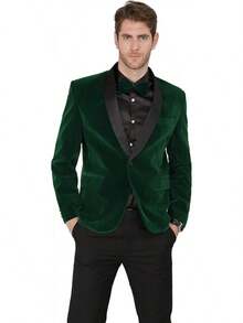 2026 Men's Casual Blazer & Pant Set  Men's 2 Piece Velvet Suit Peak Lapel One Button Slim Fit Tuxedo Blazer Party Dinner Jacket & Pants Relaxed Stretch Fit For Smart Casual Events - 綠色披肩翻領 - 查看 5