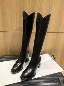 2025 hochwertige, stark nachgefragte Herbst-Neuheit mit mittlerem Absatz und dickem Absatz, vielseitige modische V-Schaft Kniehohe Stiefel, elegante minimalistische Overknee-Stiefel mit spitzer Zehenpartie für Frauen