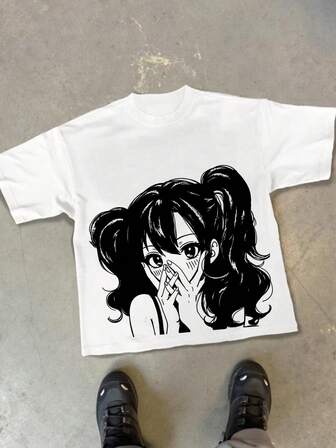 Men's Loose Fit Cartoon Character Allover Print Short Sleeve Shirt, Suitable For Summer, Gifting Men's Cropped Tops Cropped Graphic Shirt