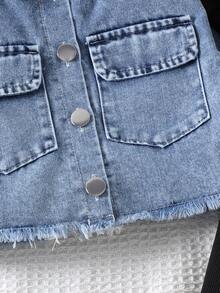 Conjunto de 2 piezas de chaqueta de manga larga de mezclilla con bolsillo con lazo y pantalones de peto para bebés niñas, estilo callejero vintage, para primavera/otoño - Negro - Ver 4