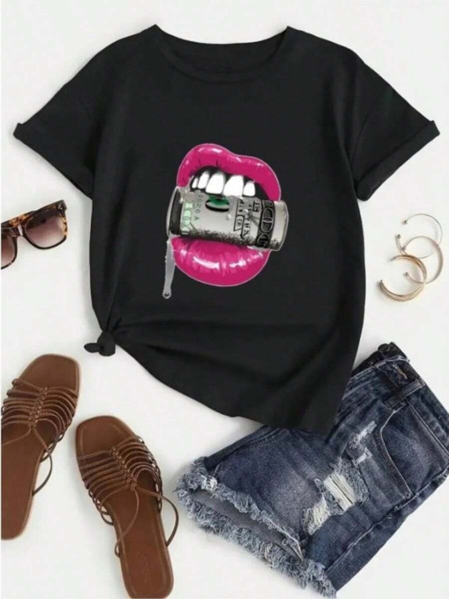 Money Lips Print Women's Fashion Harajuku Korean Cotton T-Shirt Casual Tops Spring Summer Tops Women's High Order Clothing - 黑色 - 查看 1