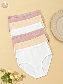 6pcs Women's High Waist Ribbed Solid Color Panties, Multiple Colors Available, Soft, Comfortable, Breathable, Suitable For Daily Wear, Stretchy Fabric. - Multicolor - View 2