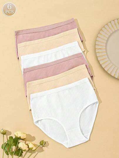 6 buc chiloți pentru femei, cu talie înaltă, cu nervuri, culoare solidă, disponibile în mai multe culori, moi, confortabili, respirabili, potriviți pentru purtare zilnică, material elastic.