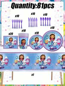 Gabby's Dollhouse 81-elementowy zestaw jednorazowej, dekoracyjnej zastawy stołowej w stylu fioletowym, w stylu domku dla lalek Gabby, w tym 10 szt. papierowych talerzyków, kubków, noży, widelców i łyżek o średnicy 7 i 9 cali, 20 szt. chusteczek higienicznych i obrusów, odpowiedni dla 10 osób na przyjęcia i spotkania. To niezbędna dekoracyjna zastawa stołowa na przyjęcia urodzinowe w stylu lalki Gabby, niezbędna dla fanów Gabby i dzieci na spotkaniach rodzinnych, Halloween, Boże Narodzenie i Święto Dziękczynienia.
