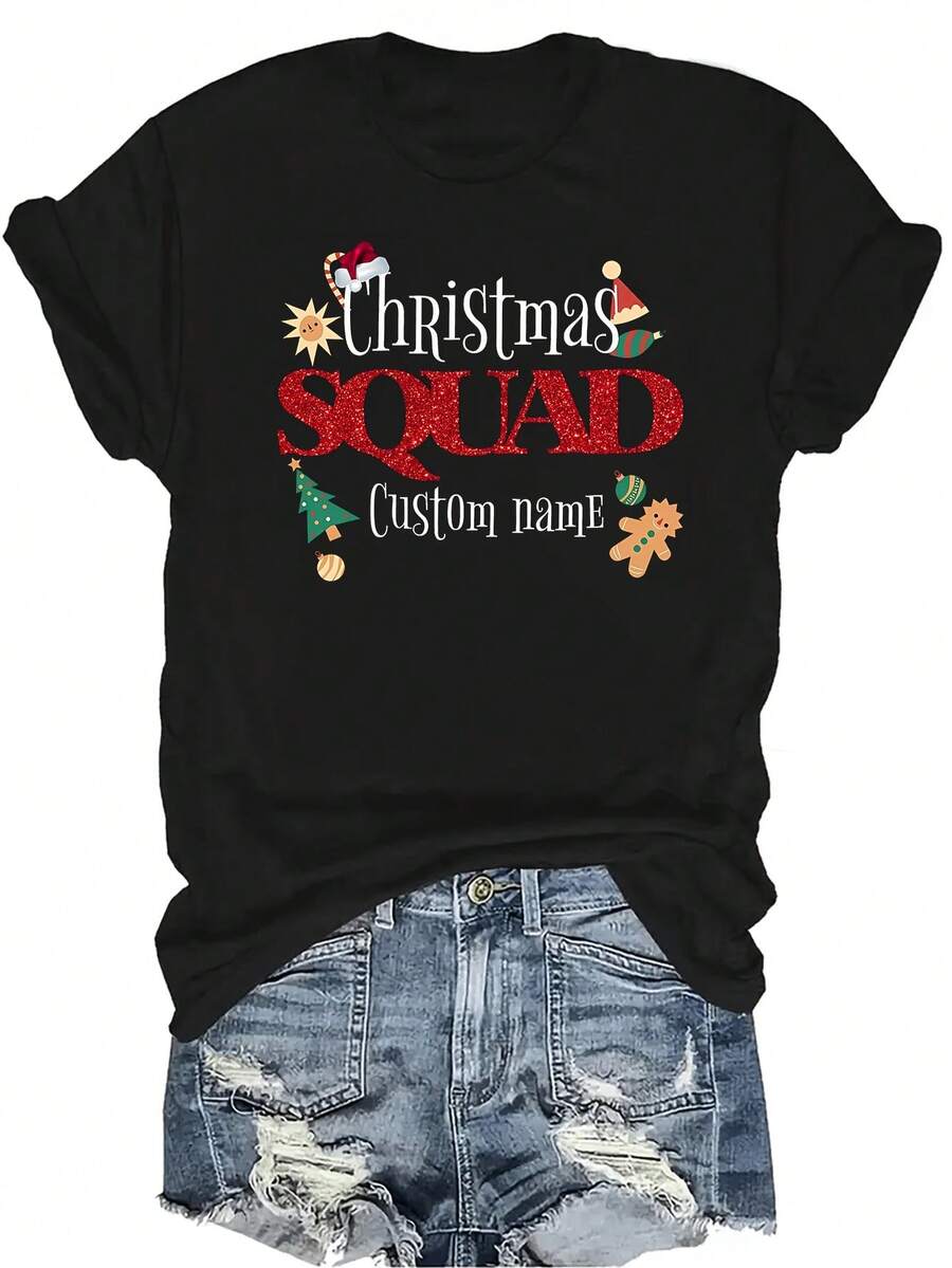 Camiseta navideña a juego para toda la familia, unisex, de verano, casual, transpirable, con personalidad, cuello redondo, manga corta, ropa de calle, versátil, adecuada para adolescentes y adultos - Negro - Ver 1
