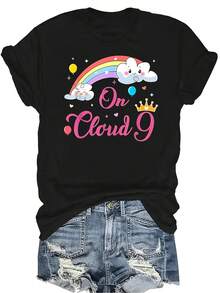 Decoraciones de cumpleaños de 9 años Arcoíris Nueve 9th Camiseta unisex de verano casual transpirable de personalidad con cuello redondo y manga corta, ropa de calle versátil, adecuada para adolescentes y adultos - Negro - Ver 1