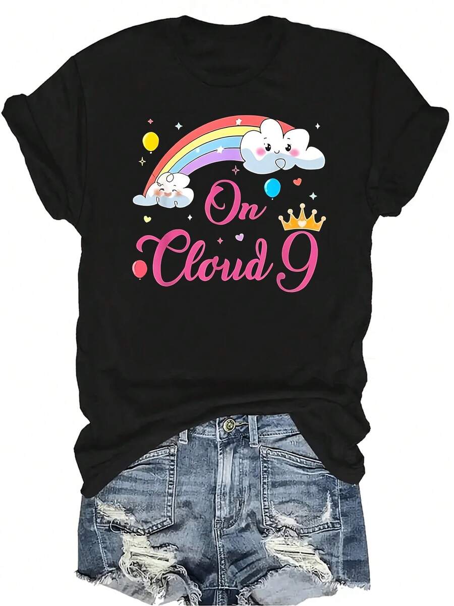 Decoraciones de cumpleaños de 9 años Arcoíris Nueve 9th Camiseta unisex de verano casual transpirable de personalidad con cuello redondo y manga corta, ropa de calle versátil, adecuada para adolescentes y adultos - Negro - Ver 1