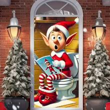 1pc, 35.4x70.8 Inches (90x180 Cm), Merry Christmas, 2D Christmas Curtain Design With The Theme Of Christmas Elves Reading In The Toilet, Made Of Polyester, Suitable For Birthdays, Parties, Celebration Events, Indoor/Outdoor Decoration, Home, Porch, Lawn, Garden, Courtyard Decoration, Universal Theme, With Holes For Easy Hanging
