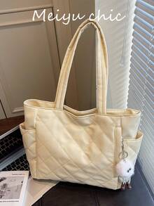 Sac fourre-tout à l'épaule de grande capacité à la mode, de couleur unie, avec une conception de double poignée piquée, léger et portable. Sac à main 2-en-1 de style universitaire en canevas, sac fourre-tout matelassé décontracté de grande capacité pour femmes, idéal pour les voyages et le tourisme d'été en extérieur, sac à dos essentiel - Jaune citron - Voir 7