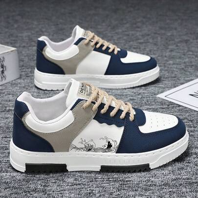 Flipark [Khuyến nghị lấy nhỏ hơn một cỡ] Giày thể thao đế bằng buộc dây họa tiết tương phản màu sắc thời trang nam, giày thể thao ngoài trời họa tiết chắp vá cá nhân, giày đôi